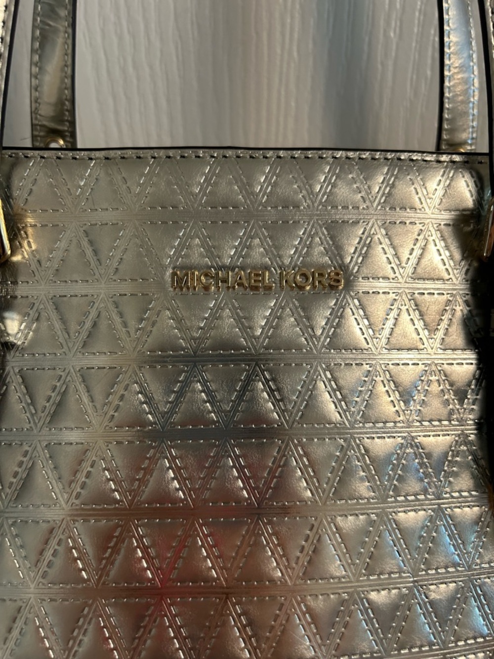 Michael Kors Metallic Silver Quilted Tote with MK Charm - Picture 2 of 15